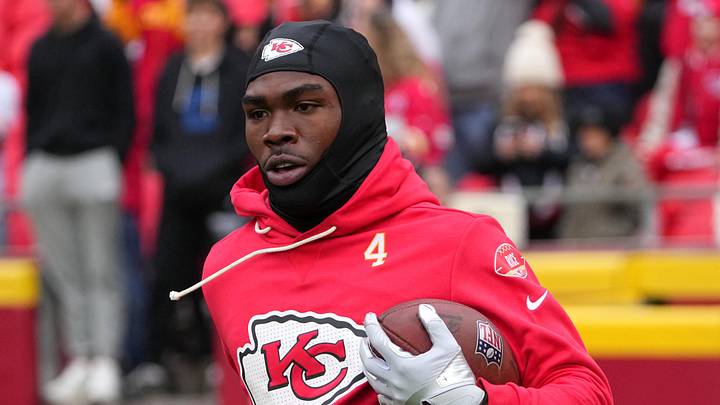 Nov 23, 2025; Kansas City, Missouri, USA; Kansas City Chiefs wide receiver Rashee Rice (4) warms up before the game against the Indianapolis Colts at GEHA Field at Arrowhead Stadium. Mandatory Credit: Denny Medley-Imagn Images